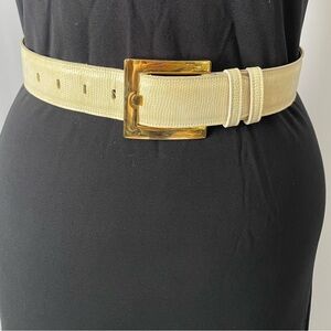 Calderon Cream Lizard and Leather Belt with Gold Buckle